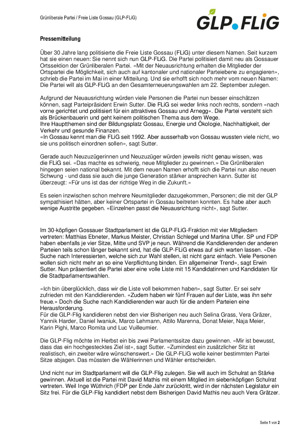 GLP-FLiG | Grünliberale - Freie Liste Gossau